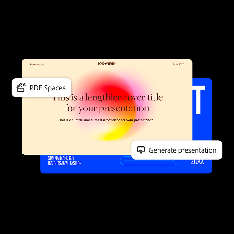 Adobe AcrobatのPDFスペースで、プレゼンテーションスライドが収集され、「プレゼンテーションを生成」と表示されたAIプロンプトフィールドが表示されている