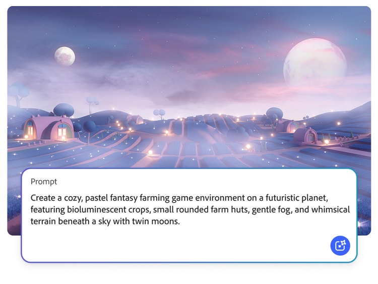 未来の惑星を舞台にした居心地の良いパステル調ファンタジー農業ゲーム環境のAI生成画像。柔らかく光る生物発光フィールド、小さな丸い農場小屋、なだらかな丘陵が見え、双子の月が浮かぶ夕暮れの空の下に優しい霧が立ち込めている。その画像に、Adobe Fireflyのプロンプトが重ねて表示されている