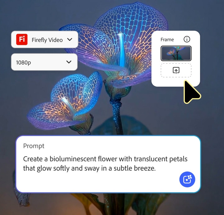 AI生成による、生体発光する花のアニメーション動画。透明で光る花びらがそよ風に優しく揺れる様子を、Adobe Fireflyインターフェイス内でプロンプトとフレームコントロールを表示して紹介