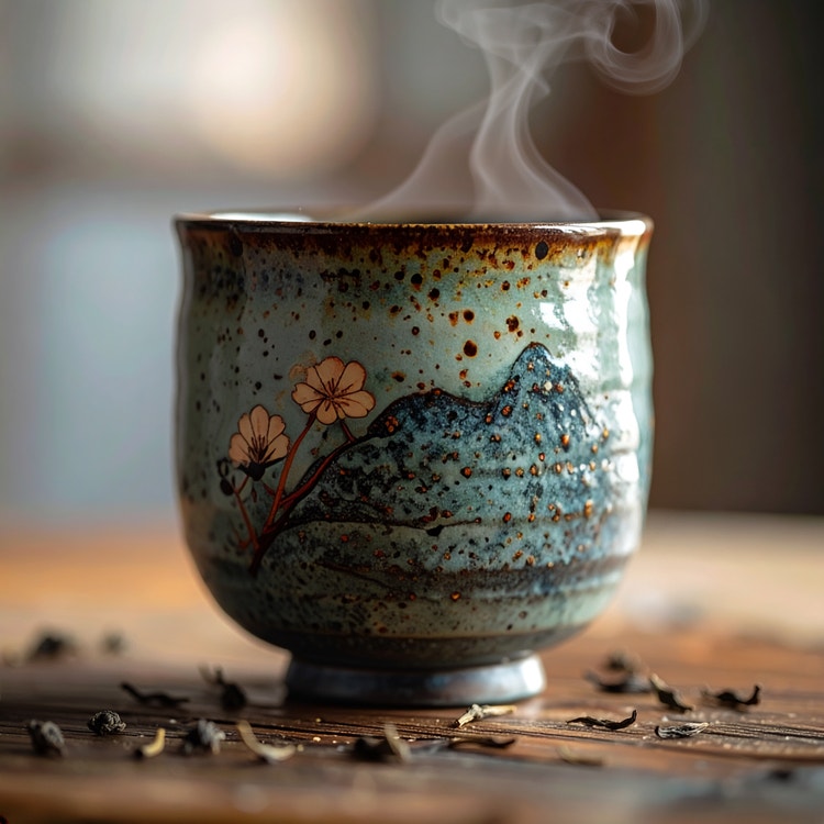AIが生成した陶製湯呑の画像。温かいお茶が注がれ、木製のテーブルに置かれており、湯呑から湯気がやわらかく立ち上っている。湯呑には手描きの山と花のモチーフが描かれ、周りには茶葉が散らばっている。浅い被写界深度の柔らかな照明が、温かく親密な雰囲気を演出している