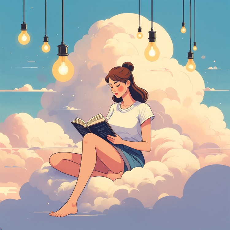 雲の上に座って本を読む女性のAI生成イラスト。背景には吊り下げられた電球と柔らかく夢のような空の色調が描かれている