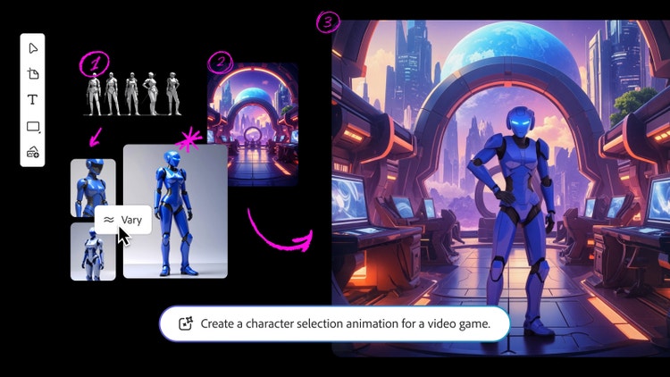 AIが生成したビデオゲームのキャラクター選択アニメーション。未来的な装甲キャラクターがゆっくりと回転し、SF風のコントロールルーム内で自信に満ちたポーズで静止する様子を、Adobe Fireflyのインターフェイスとプロンプトと共に表示し、アニメーションワークフローを説明している