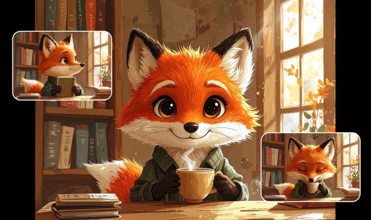 本に囲まれた部屋でマグカップを持つオレンジの狐のキャラクター。読書姿など同一キャラクターの別カットも添え、スタイルを保ったままバリエーションを生成できるAIキャラクター生成の例