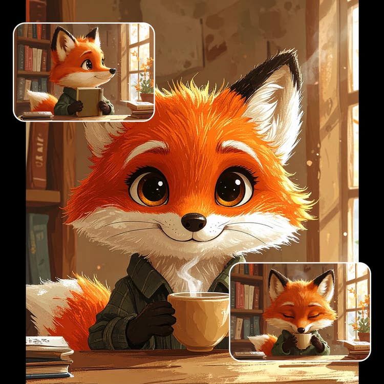 本に囲まれた部屋でマグカップを持つオレンジの狐のキャラクター。読書姿など同一キャラクターの別カットも添え、スタイルを保ったままバリエーションを生成できるAIキャラクター生成の例