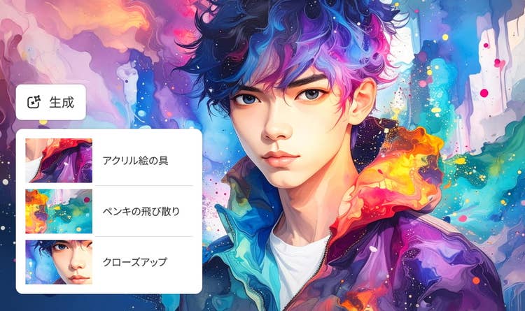 水彩風に青と紫の髪を描いた少年キャラクターと、絵の具やクローズアップなどスタイル候補を示すAIキャラクター生成の画面