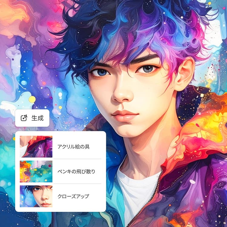 水彩風に青と紫の髪を描いた少年キャラクターと、絵の具やクローズアップなどスタイル候補を示すAIキャラクター生成の画面
