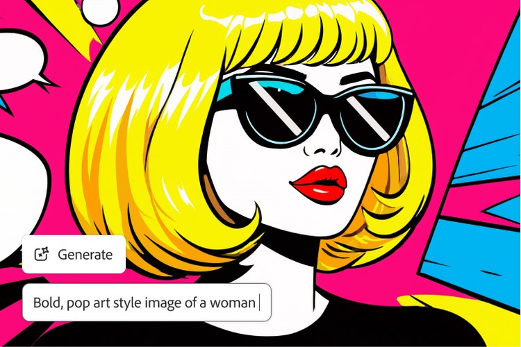 ブロンドボブと濃いサングラスの女性のコミックブックイラスト、「生成」ボタンと「女性の大胆なポップアートスタイル画像」というテキストプロンプトのオーバーレイ
