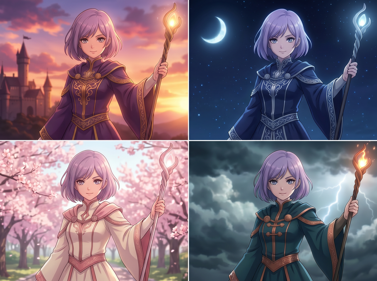 杖を持つアニメキャラクターが様々なファンタジーシーンで異なる衣装を身に着けた分割画面