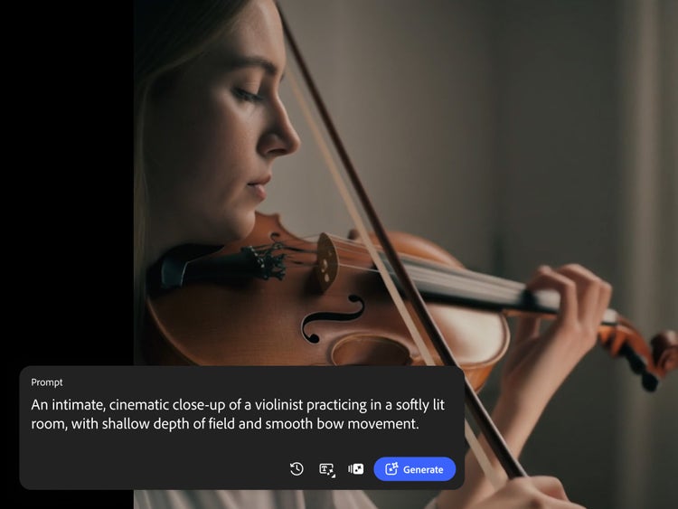 https://main--cc--adobecom.aem.page/cc-shared/assets/firefly/video/music-video/media_1248d717195added328ed0c67442f96f498d7882c.mp4#_autoplay&mute=true | バイオリンを演奏する女性の動画のスチール写真。プロンプトテキストには「柔らかく照らされた部屋で練習するバイオリニストの親密でシネマティックなクローズアップ、浅い被写界深度とスムーズな弓の動き」と書かれている。本日中にPMレビューも完了し、完了し次第コメントする