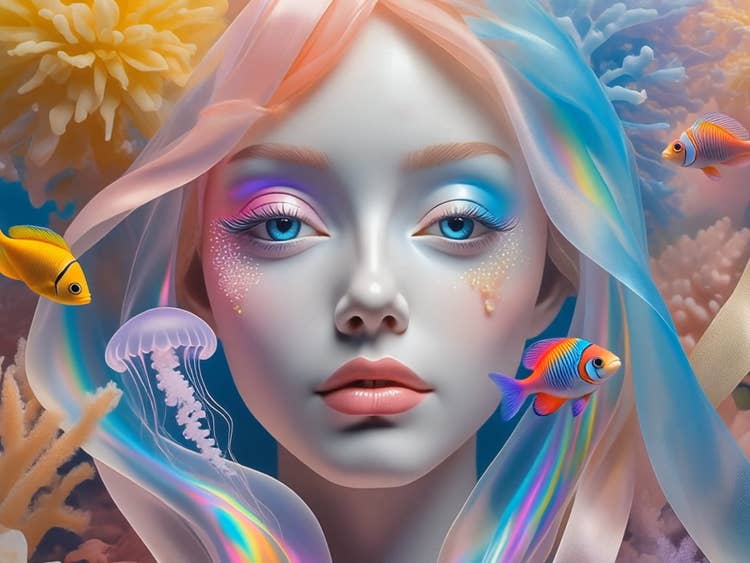 https://main--da-cc--adobecom.aem.page/jp/cc-shared/assets/video/roc/products/firefly/media_1a0983292af850fb3e2d2759f16916d54dccc1d34.mp4#_autoplay?no-lazy | 幻想的な水中ポートレートをAIで動画生成する例 説明: プロンプト欄に「パステルカラーの珊瑚と花と透明な流れるリボンに囲まれた真っ白な陶器の肌の女性」と入力すると、目を閉じた女性が静かに目を開ける幻想的な水中映像が生成されます。熱帯魚やクラゲが周囲を泳ぎます。
