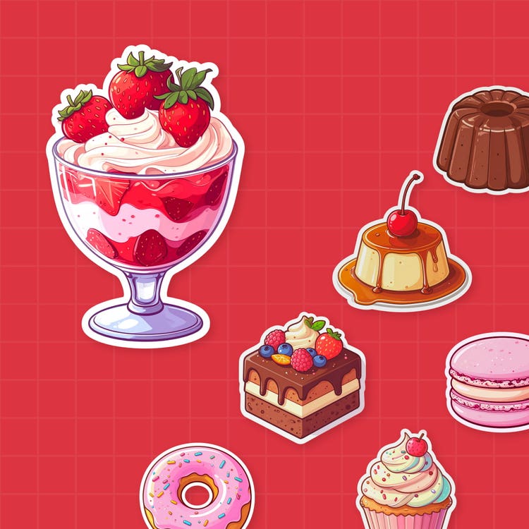 いちごパフェ、ドーナツ、プリン、カップケーキ、ケーキ、マカロンなど、スイーツのステッカーを赤い背景に並べた例。