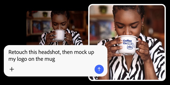 A before and after image of a woman drinking from a coffee cup shows how Firefly AI Assistant can retouch photos and add logos to objects like a mug.