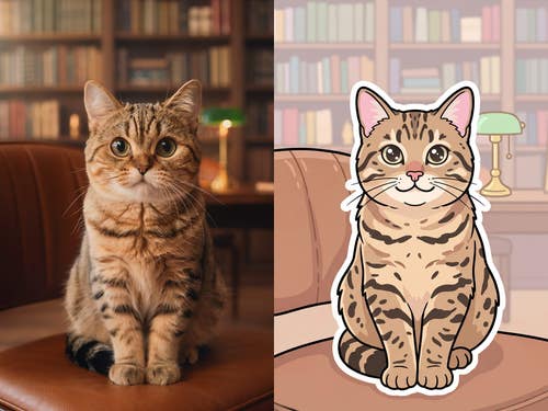 書斎の椅子に座るキジトラ猫の写真を、白い縁取りのステッカー風イラストに変えた比較。