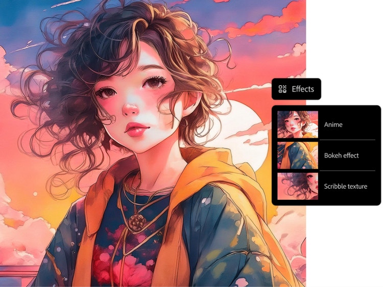 巻き毛の少女のAI生成アニメ画像と、スタイルのオプションが表示されたアニメ生成AIのインターフェイス