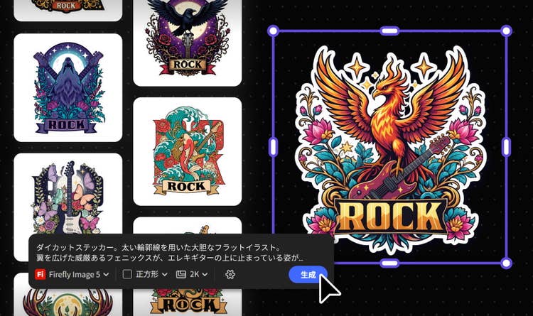 「ROCK」の文字を添えたステッカーの生成画面。翼を広げた不死鳥がエレキギターに止まる作例と、狼や鯉などの候補が並ぶ。