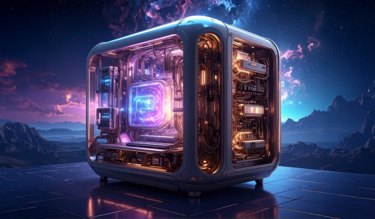 生成AIで作られた、星空と山々を背景に透明なケースから光を放つPCの幻想的なイメージ