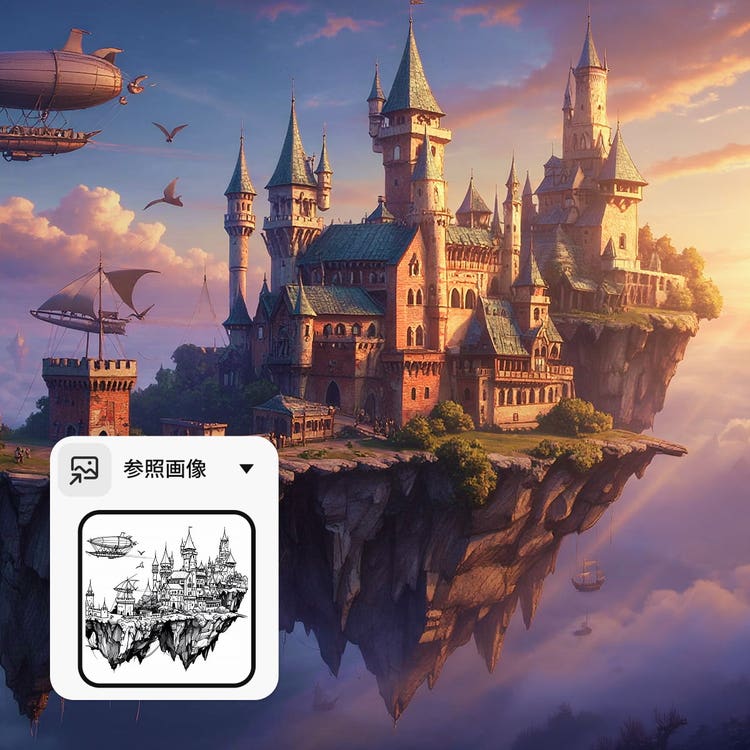 手描きの線画をもとに、飛行船が浮かぶ空に城が建つ幻想的な風景画へ仕上げた例。
