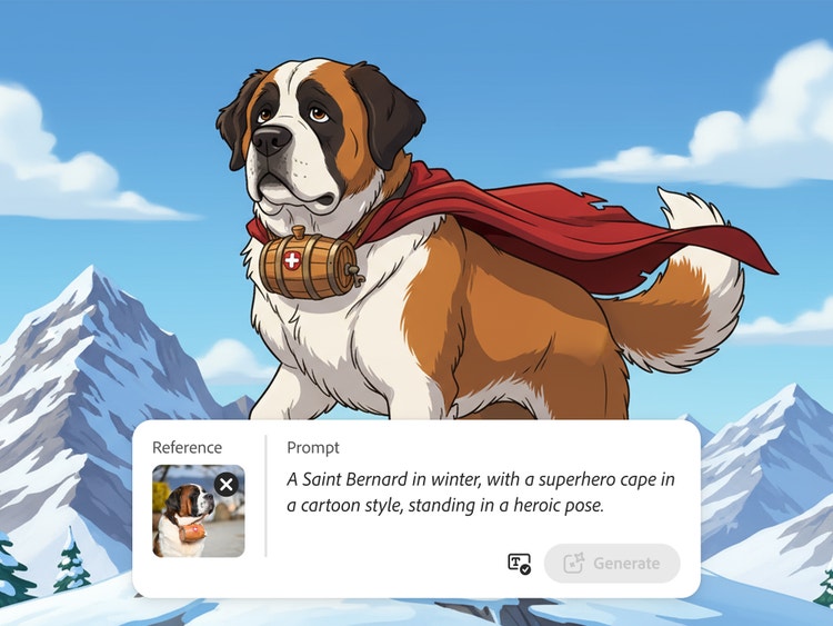 Fireflyのペットポートレート生成AIで作成されたペットポートレート。マントを着て山の上に立つセントバーナード犬がカートゥーンスタイルで描かれている