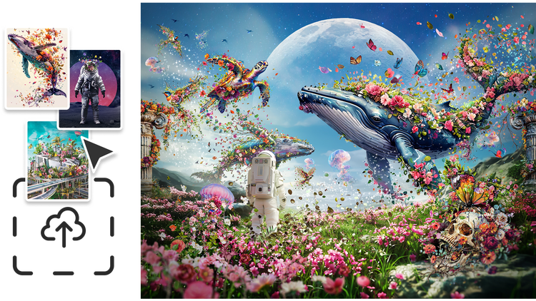 Adobe Fireflyで生成された、花で満ちた草原に浮かぶ花のクジラ、蝶、鳥、月明かりの空に佇む宇宙飛行士を描いたシュールなデジタルアート作品