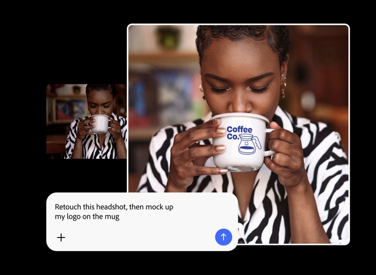 A before and after image of a woman drinking from a coffee cup shows how Firefly AI Assistant can retouch photos and add logos to objects like a mug.