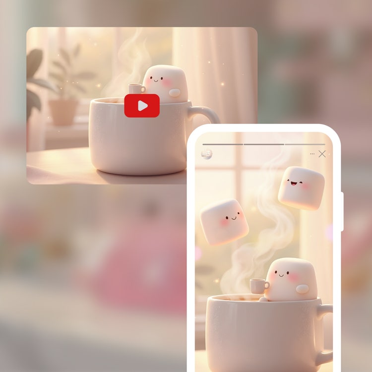 湯気の立つマグカップにつかる笑顔のマシュマロのアニメ作品を、横長動画と縦型スマホ画面で見せるAI動画生成の活用例