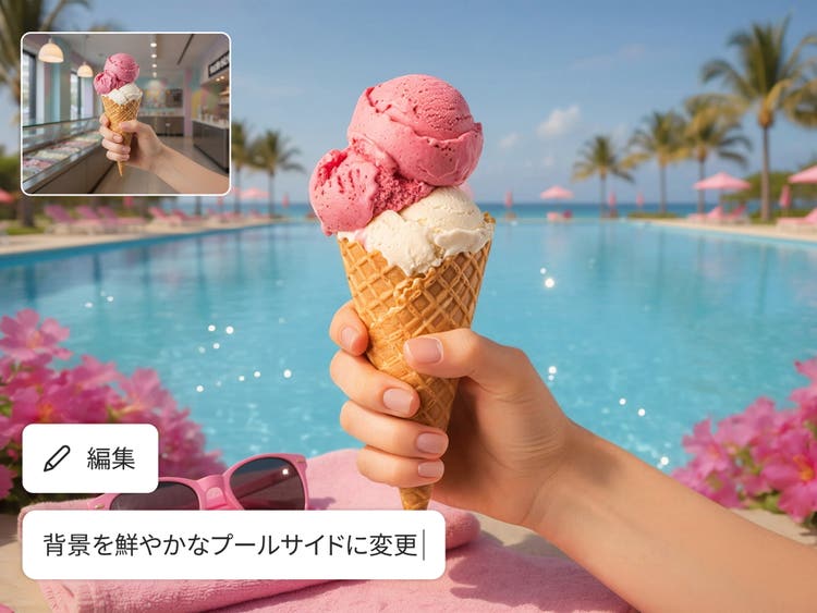 アイスクリームコーンを持つ手の写真を、AI背景生成で店内から鮮やかなプールサイドへ差し替えた例。「背景を鮮やかなプールサイドに変更」の操作表示