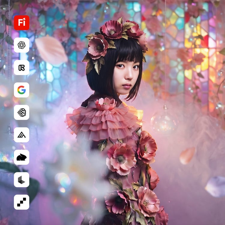 Adobeとパートナー各社の動画モデルを切り替えられるAI動画生成の画面。花の髪飾りとドレスをまとった少女をパステルの光の中に描いた作例
