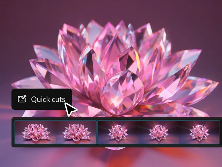 https://main--da-cc--adobecom.aem.page/cc-shared/assets/products/firefly/features/ai-video-editor/media_18cacce5bdc6ef887d9ded9dafbb9670e1b2a796e.mp4 | Firefly動画編集ツール上のピンククリスタルの蓮の花。クイックカットツールのオーバーレイと動画のタイムラインが表示されている