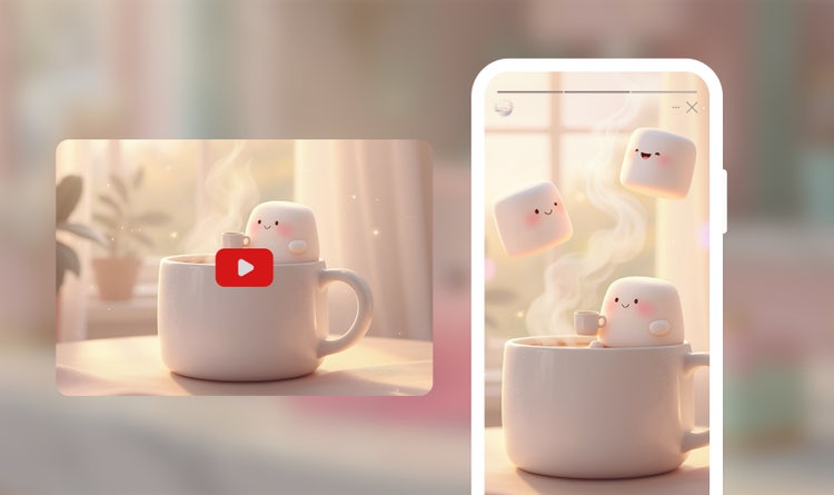 湯気の立つマグカップにつかる笑顔のマシュマロのアニメ作品を、横長動画と縦型スマホ画面で見せるAI動画生成の活用例