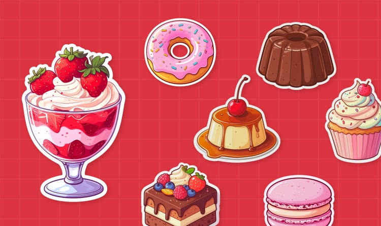 いちごパフェ、ドーナツ、プリン、カップケーキ、ケーキ、マカロンなど、スイーツのステッカーを赤い背景に並べた例。