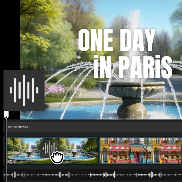 https://main--da-cc--adobecom.aem.page/cc-shared/assets/products/firefly/features/ai-video-editor/media_1c442ae396e61313e1a5eefffd72870ed504d7dad.mp4#_autoplay|Firefly AI動画編集ツールのタイムラインにパリの噴水、テキストオーバーレイ、オーディオ波形アイコンが表示されている