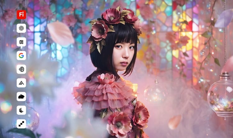 Adobeとパートナー各社の動画モデルを切り替えられるAI動画生成の画面。花の髪飾りとドレスをまとった少女をパステルの光の中に描いた作例