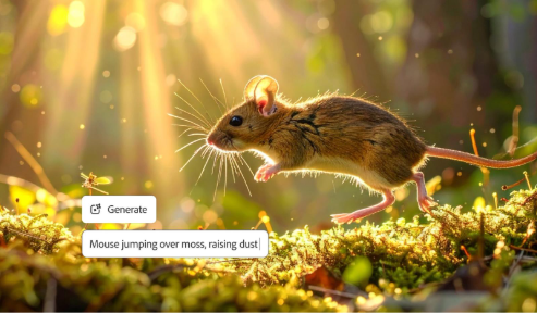 動画生成AIのインターフェイスに表示されている森の中のネズミと「mouse jumping over moss, raising dust」というテキストプロンプト