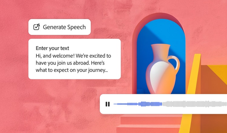 「音声を生成」のデジタルインターフェイス。ウェルカムメッセージが入ったテキストボックス、「音声を生成」アイコンが表示されており、アーチ形の青い隙間に置かれた白い花瓶のイラストの下にオーディオ波形も見えている