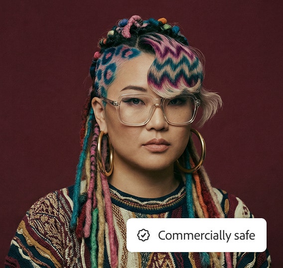 Fireflyモデルで生成された、マルチカラーの髪の女性の画像。Fireflyモデルで生成されているため、安全に商用利用できる。