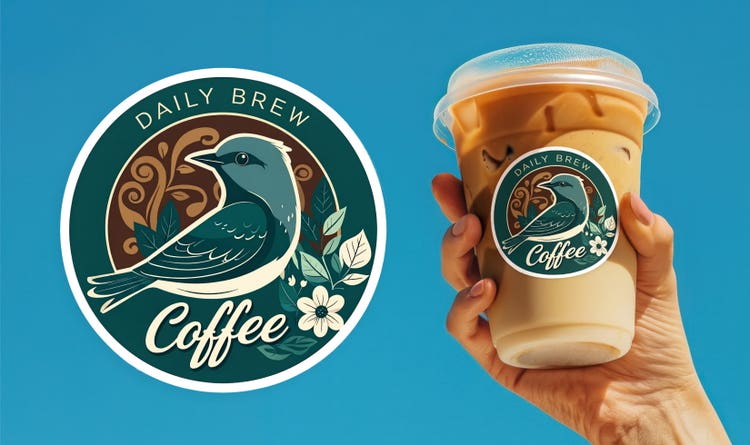鳥と葉を描いた「DAILY BREW Coffee」の丸いステッカーと、それを貼ったアイスコーヒーのカップを持つ手。