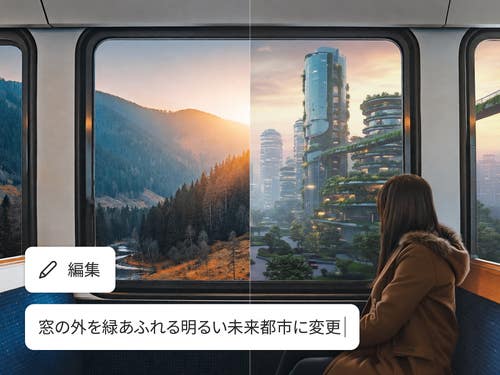 列車の窓辺に座る女性の写真。AI写真編集で窓の外の夕暮れの山並みを、緑あふれる未来都市の風景に差し替えた比較。