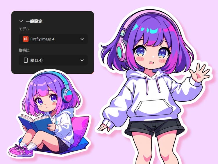 紫の髪にヘッドフォンを着けた女の子のステッカー2点。生成モデルと縦横比を選ぶ設定画面を添えたAIステッカー生成の例。