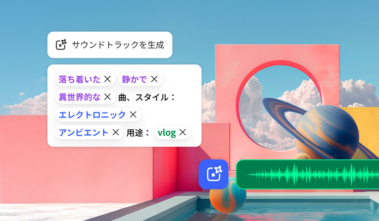 音楽生成AIのインターフェイス。鮮やかな建築物を背景とし、その上に多彩な音楽のスタイルと視覚化された波形が重ねて表示されている