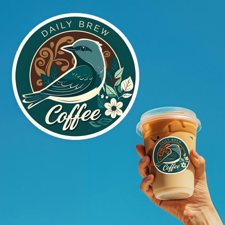 鳥と葉を描いた「DAILY BREW Coffee」の丸いステッカーと、それを貼ったアイスコーヒーのカップを持つ手。