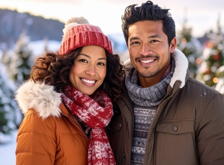 冬用ジャケットとマフラーを身につけた笑顔のカップルが、クリスマスの飾り付けに彩られた雪の屋外で並んでいる写真。