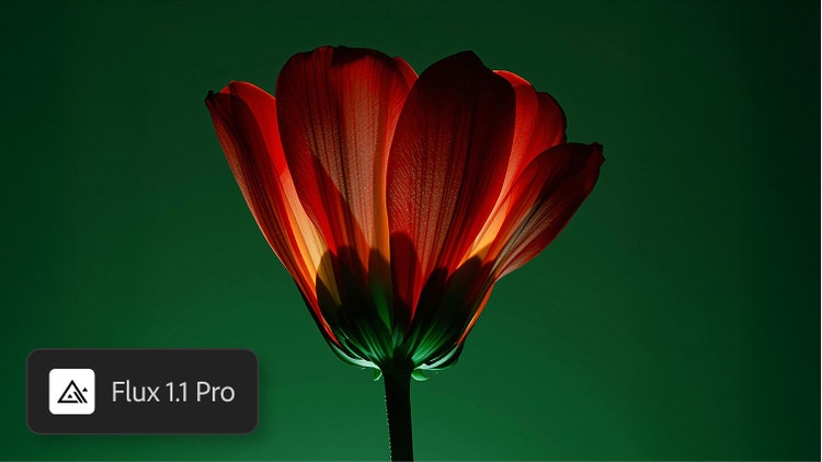 Flux 1.1 Pro AIで作成された、緑の背景にハイライト部分が黄色く輝く赤い花のクローズアップ