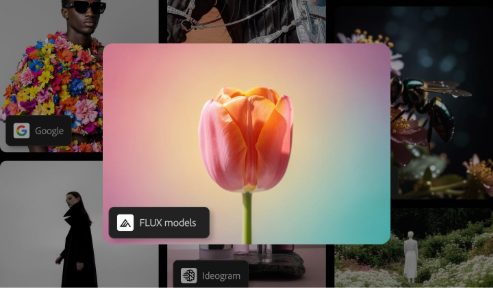 ピンク、イエロー、ブルーのグラデーションを背景にした桃色のチューリップのクローズアップ。FireflyでFLUX.2 Proを使用して作成