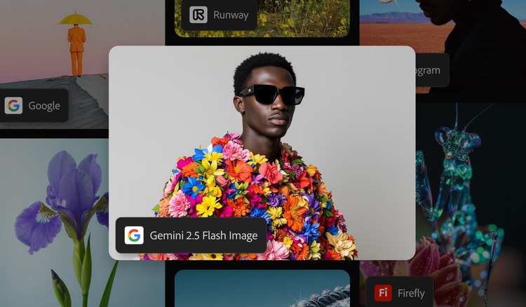 カラフルな花柄の衣装を着て顏がぼかされた人物が描かれている、Gemini 2.5 FlashによるAI生成画像。左下に「Gemini 2.5 Flash Image」のテキストが表示されている。