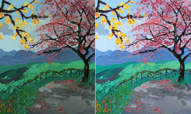 花が咲く木と小道が描かれた、丘陵地帯のイラスト風景