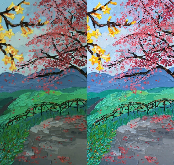 花が咲く木と小道が描かれた、丘陵地帯のイラスト風景