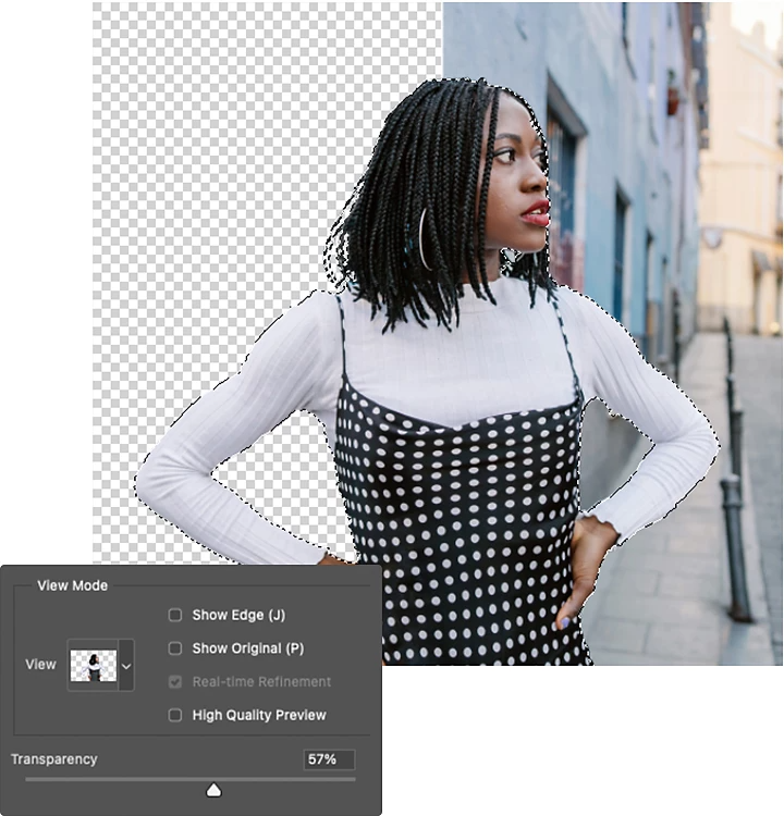 建物と立っている人の画像を重ねてAdobe Photoshopで編集するイメージ