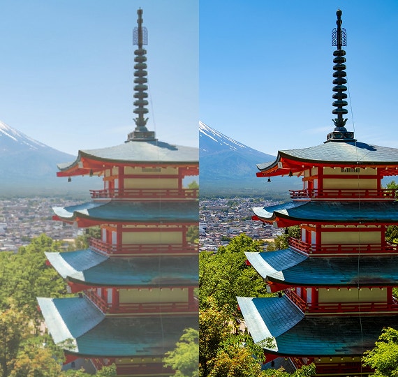 五重塔と市街地、その奥にそびえる山の景色