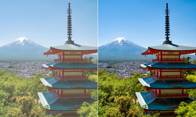 五重塔と市街地、その奥にそびえる山の景色