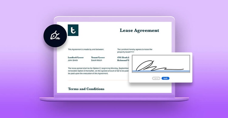 A graphic of signing an apartment lease agreement on a laptop using Adobe Sign